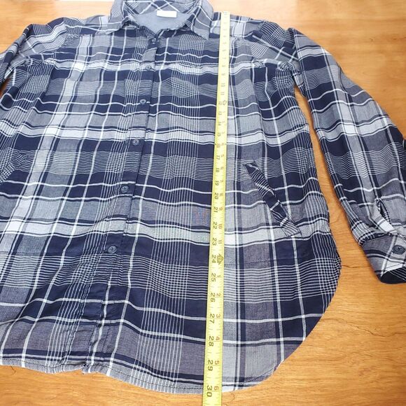 Columbia Plaid Shirt Sz L Times Two Long Sleeve Tunic Blue Roll Tab 100% Cotton - Picture 11 of 11